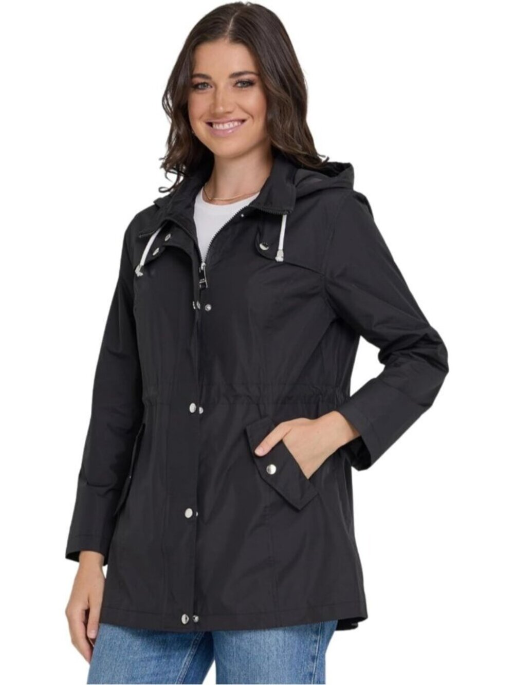 Women Black 100% Polyurethane Waterproof Hooded Anorak Imported Windbreaker Coat